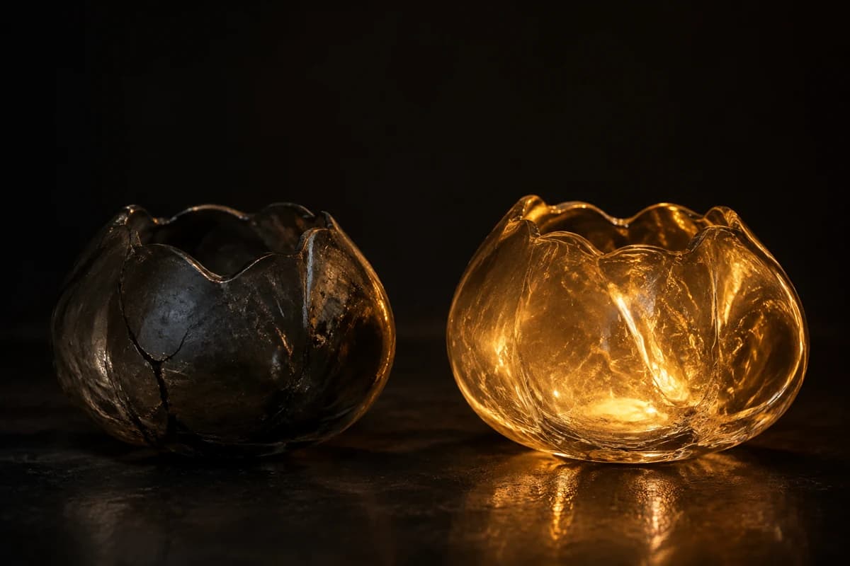 A dim cracked shard of glass next to a whole one glowing from within