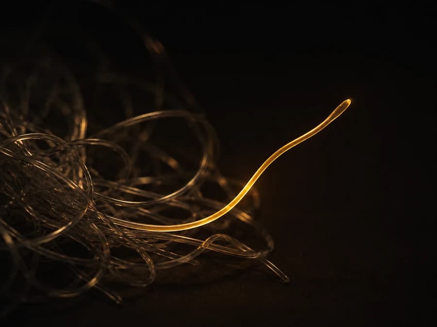 One glowing thread separates from a tangled bundle of dimmer threads
