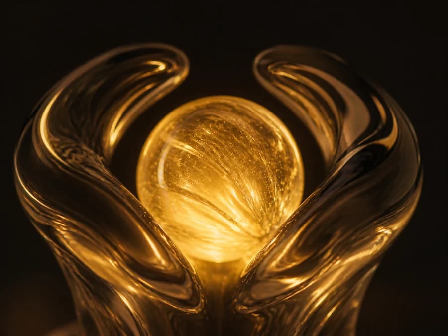 A warm glowing orb is gently cradled between two curved glass forms
