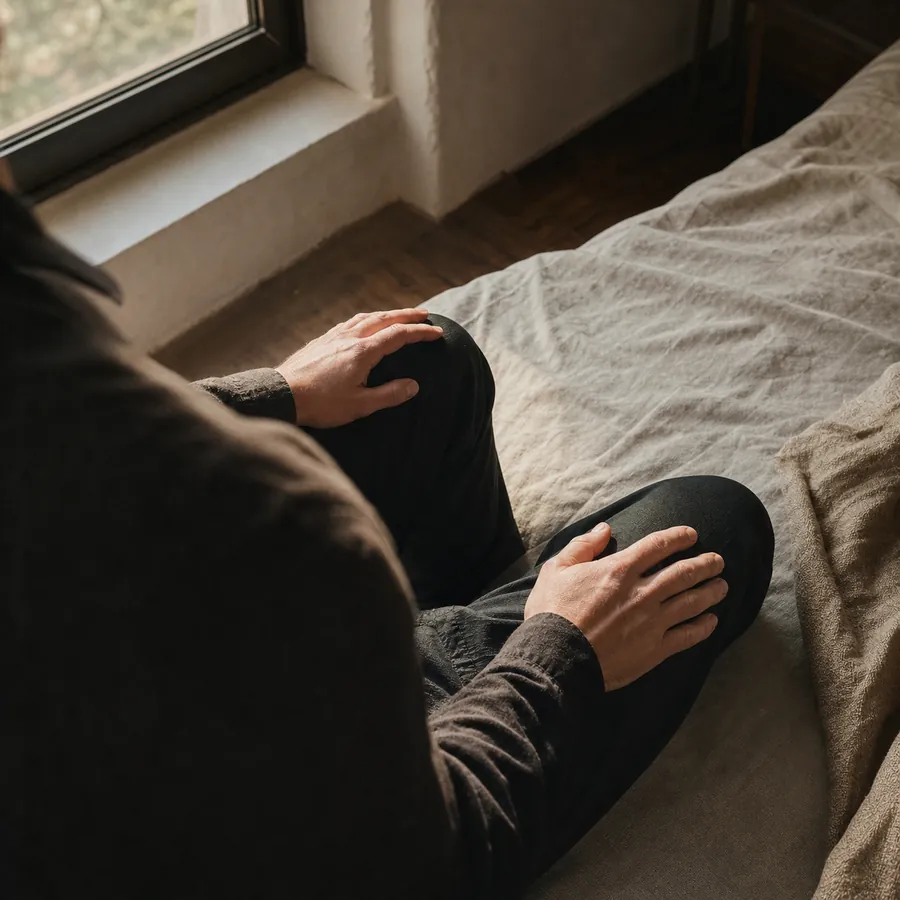 A person sits by a window with hands resting on their knees