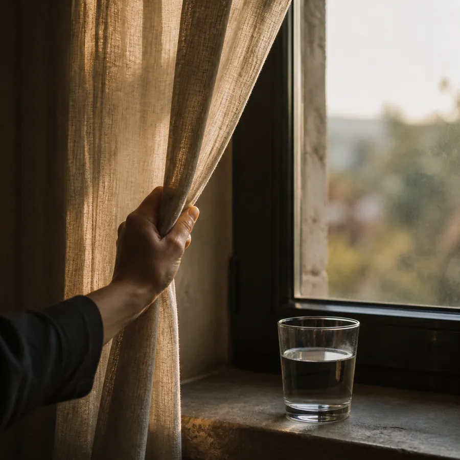 A hand opens a linen curtain to the morning light