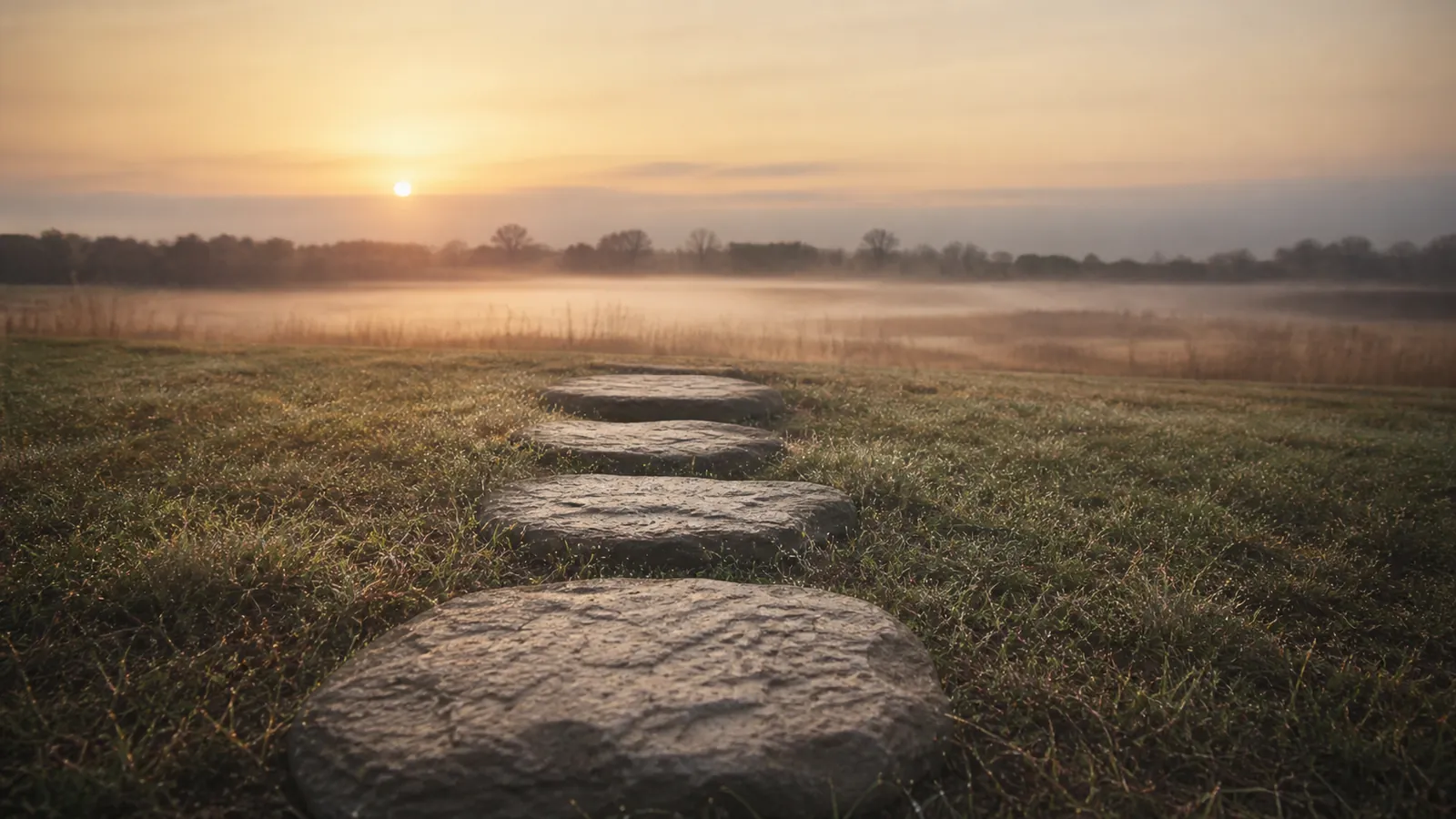 Five stone steps lead through grass toward a calm morning horizon
